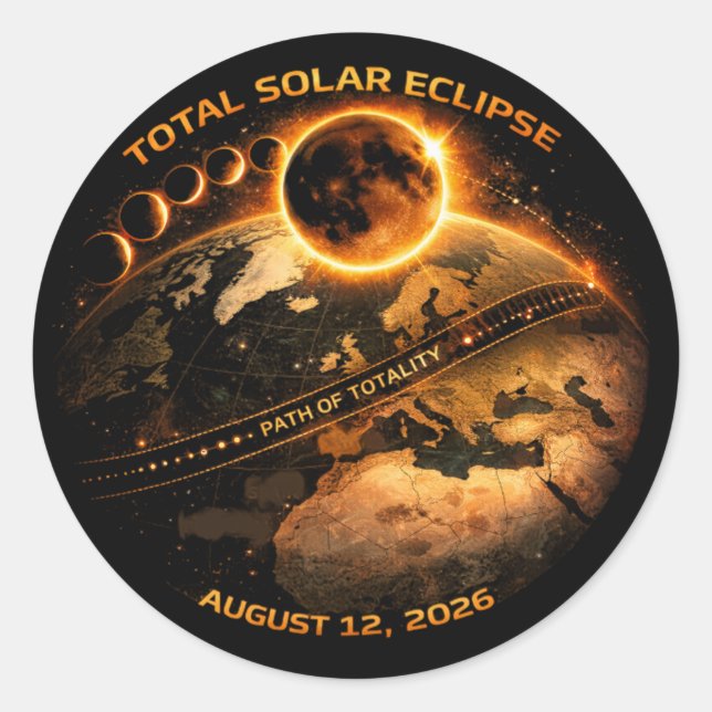 Sticker Rond Éclipse solaire totale 2026 : trajectoire de la to (Devant)