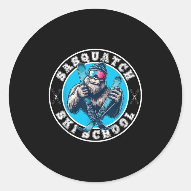 Sticker Rond École de ski Sasquatch Bigfoot drôle de ski  (Devant)