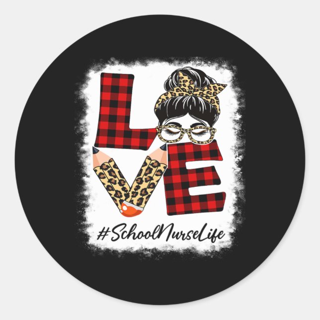 Sticker Rond École Infirmière Amour Messy Bun Leopard Buffalo C (Devant)