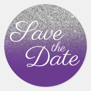Sticker Rond Économisez la Date en Ombre Violet Royal Pailleté