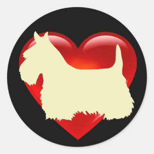Sticker Rond Écossais Terrier noir/blanc silhouette coeur rouge