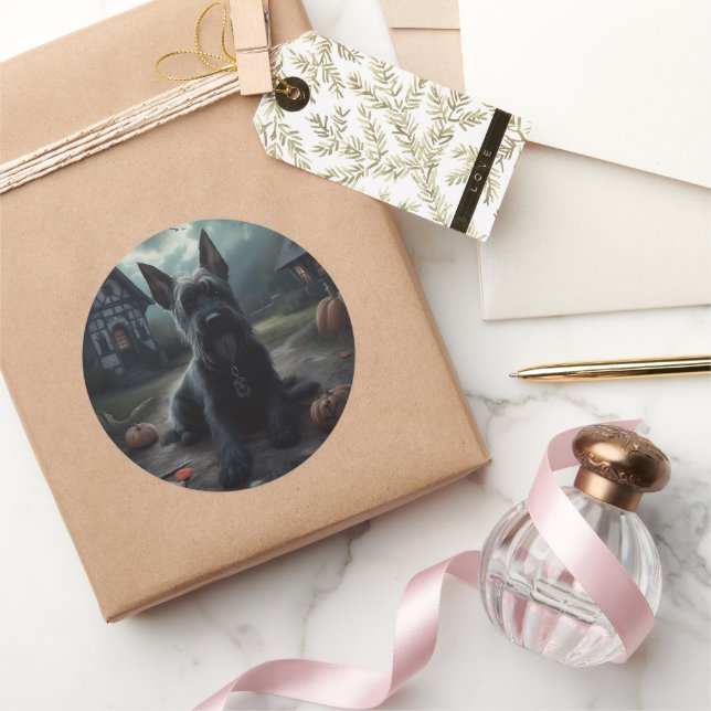 Sticker Rond Ecosse Terrier Citrouille Halloween effrayant (Cadeaux)