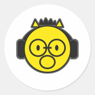 Sticker Rond Écouteurs Tête de Visage Jaune Drôle