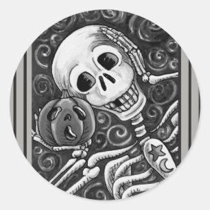 STICKER ROND ÉCOUTEZ VOTRE CITROUILLE, HALLOWEEN SKELETON STICK