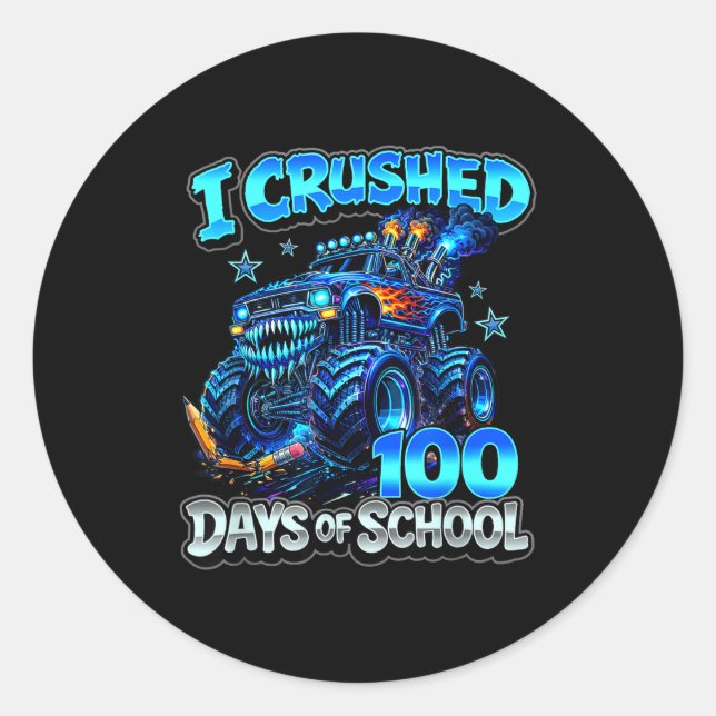 Sticker Rond Écrasé 100 jours d'école camion monstre bleu garço (Devant)