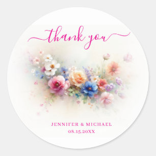 Sticker Rond Écriture Calligraphique Merci Fleurs Aquarelle