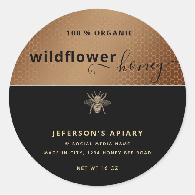 Sticker Rond Écriture d'abeille en or noir moderne Chocolat (Devant)