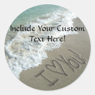 Sticker Rond Ecriture de sable sur la plage, I Love You