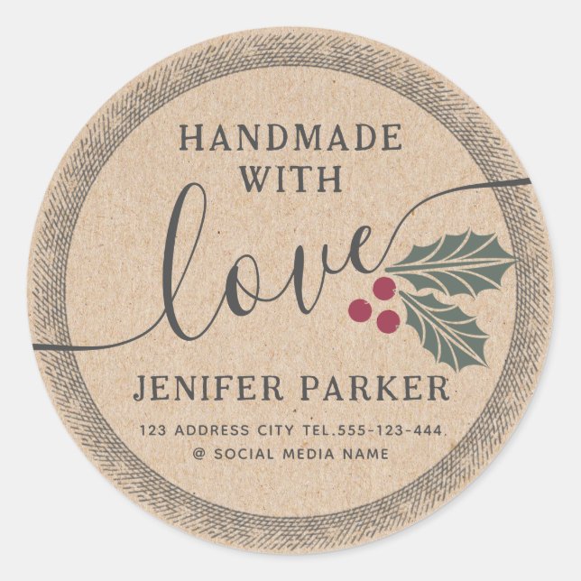 Sticker Rond Écriture en carton faite main avec baie sacrée (Devant)