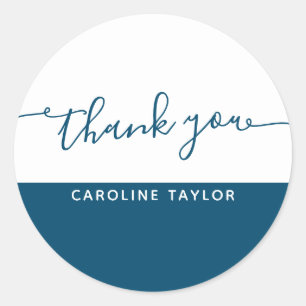 Sticker Rond Écriture Moderne Bleu Foncé Blanc Merci