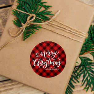 Sticker Rond Écriture rustique Joyeux Noël à carreaux rouges