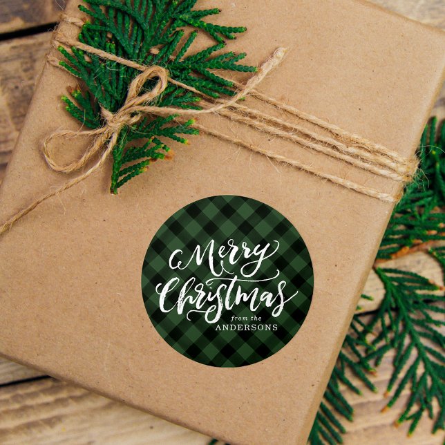 Sticker Rond Écriture rustique Joyeux Noël Plaid vert (Créateur téléchargé)