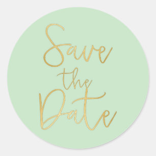 Sticker Rond Écrriture de type Vert Menthe et Or SAVE THE DATE