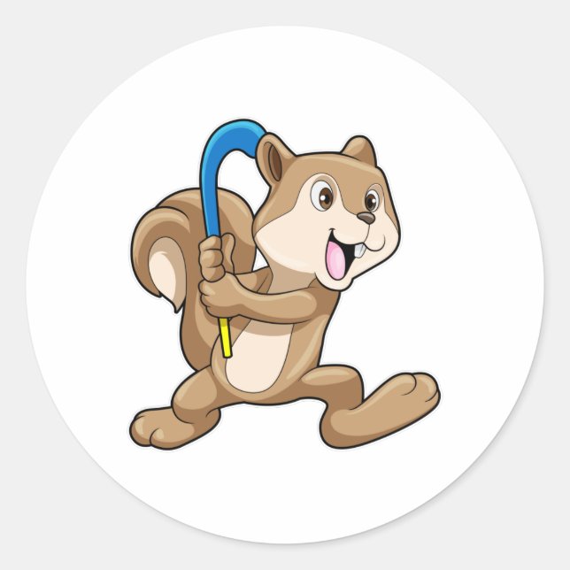 Sticker Rond Écureuil au hockey sur gazon avec bâton de hockey (Devant)