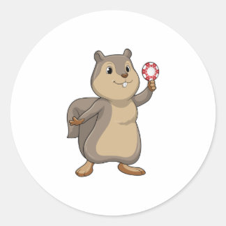 Sticker Rond Écureuil au Poker avec des jetons de Poker