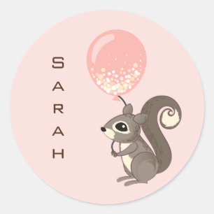 Sticker Rond Écureuil avec nom personnalisé et ballon rose
