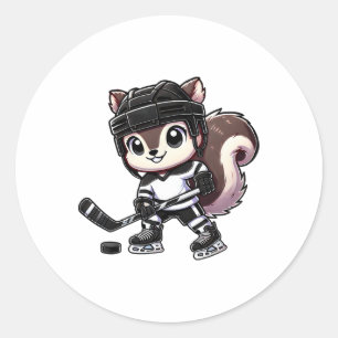 Sticker Rond Écureuil Chibi Jouant au Hockey sur Glace Amusant