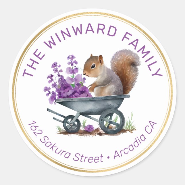 Sticker Rond Écureuil dans brouette et Adresse florale violette (Devant)