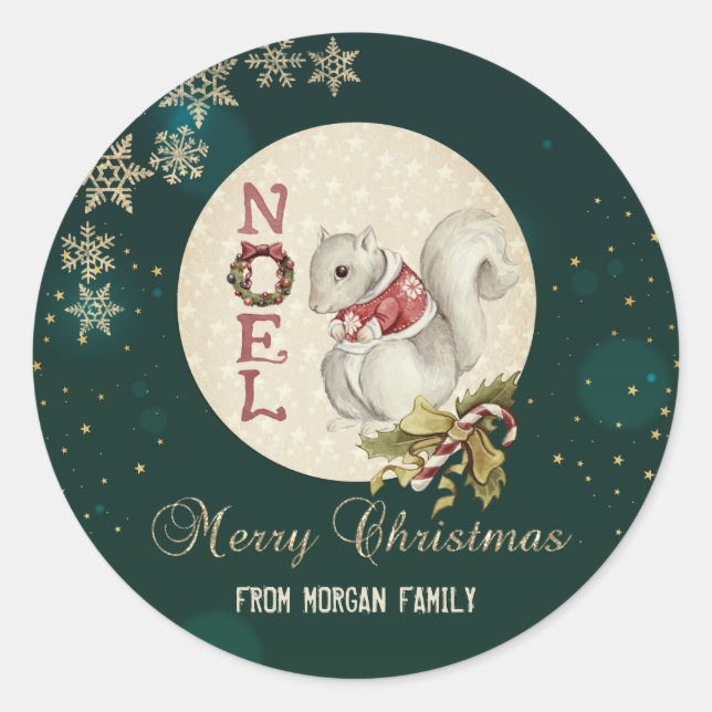 Sticker Rond Écureuil de Noël Vintage, Snowflakes (Devant)