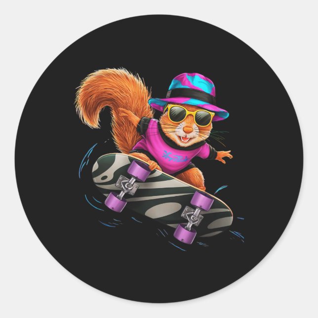 Sticker Rond Écureuil en planche à roulettes dans l'espace rétr (Devant)
