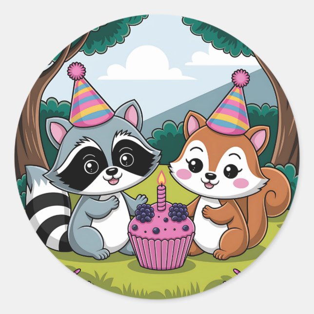 Sticker Rond Écureuil et Raton laveur joyeux Anniversaire (Devant)