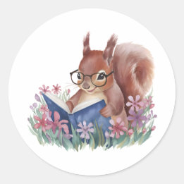 Sticker Rond Écureuil Lit Un Livre, Niché Dans Des Fleurs