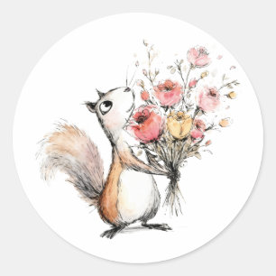 Sticker Rond Écureuil mignon avec bouquet de fleurs