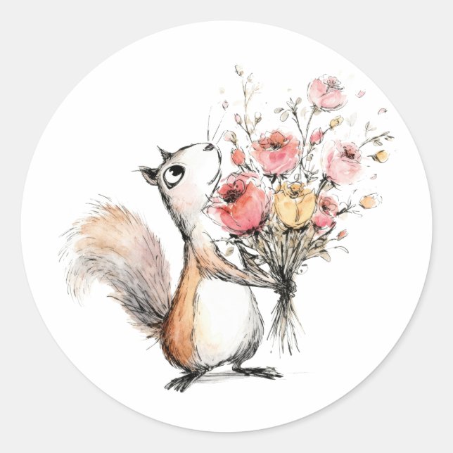 Sticker Rond Écureuil mignon avec bouquet de fleurs (Devant)