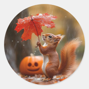 Sticker Rond Écureuil mignon avec parapluie à feuilles - Pluie 