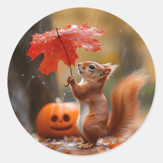 Sticker Rond Écureuil mignon avec parapluie à feuilles - Pluie