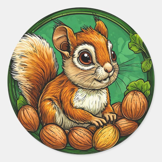 Sticker Rond Écureuil Mignon Tenant des Noix (Devant)