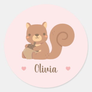 Sticker Rond Écureuil Mignon Tenant un Gland Nom de Fille Rose