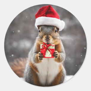 Sticker Rond Écureuil renard de Noël avec un chapeau de Père No
