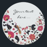 STICKER ROND EDEN/ INSÉPARABLES MARIAGES, PEACOCK ET ROSES ROSE<br><div class="desc">Tourbillons floraux rouges noirs avec animaux.</div>