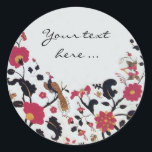 STICKER ROND EDEN/ INSÉPARABLES MARIAGES, PEACOCK ET ROSES ROSE<br><div class="desc">Tourbillons floraux rouges noirs avec animaux.</div>
