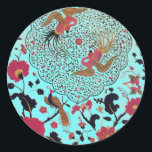 STICKER ROND EDEN/ INSÉPARABLES MARIAGES, PEACOCK ET ROSES ROSE<br><div class="desc">Tourbillons floraux rouges noirs avec animaux.</div>