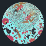 STICKER ROND EDEN/ INSÉPARABLES MARIAGES, PEACOCK ET ROSES ROSE<br><div class="desc">Tourbillons floraux rouges noirs avec animaux.</div>