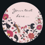 STICKER ROND EDEN/ INSÉPARABLES MARIAGES, PEACOCK ET ROSES ROSE<br><div class="desc">Tourbillons floraux rouges noirs avec animaux.</div>