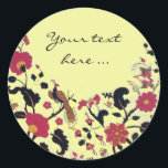 STICKER ROND EDEN/ INSÉPARABLES MARIAGES, PEACOCK ET ROSES ROSE<br><div class="desc">Tourbillons floraux rouges noirs avec animaux.</div>