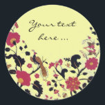 STICKER ROND EDEN/ INSÉPARABLES MARIAGES, PEACOCK ET ROSES ROSE<br><div class="desc">Tourbillons floraux rouges noirs avec animaux.</div>