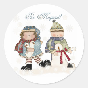 Sticker Rond Édifice de neige magique hiver Snowmen