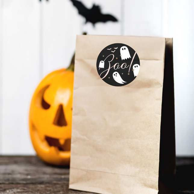 Sticker Rond Éffrayant Boo ! Halloween fantôme et chauves-souri (Spooky Boo! Halloween Ghost & Bats Black Classic Round Sticker)