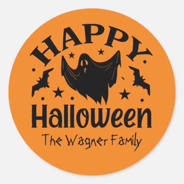 Sticker Rond Éffrayant fantôme Happy Halloween ajouter le nom (Devant)