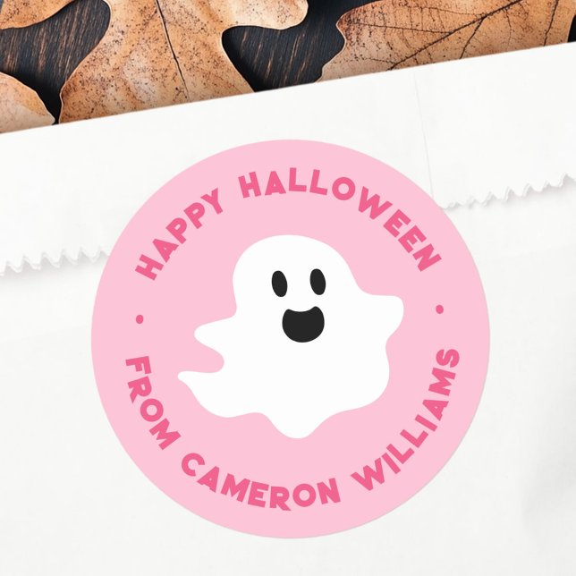Sticker Rond Éffrayant fantôme Happy Halloween saluant rose (Spooky ghost Happy Halloween greeting pink Classic Round Sticker)