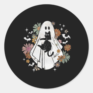 Sticker Rond Éffrayant Fantôme tenant Chat noir Super Floral Ha