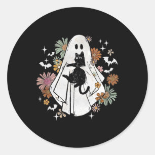 Sticker Rond Éffrayant Fantôme tenant Chat noir Super Floral Ha
