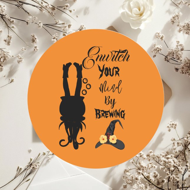 Sticker Rond Éffrayant Funky Halloween Party Cauldron Witch Cas (Spooky Funky Halloween Party Cauldron Witch Hat Classic Round Sticker)