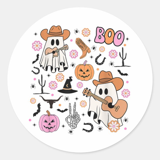 Sticker Rond Éffrayant Ghost Cowboy Cute Halloween Boo Western  (Devant)