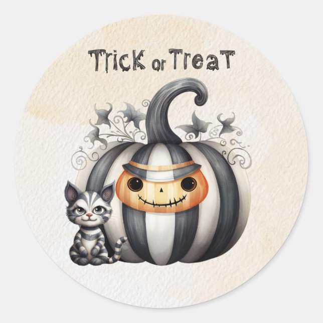 Sticker Rond Éffrayant Halloween Kitten Noir Citrouille rayé (Devant)
