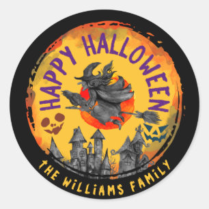 Sticker Rond Effrayant Halloween Orange sorcier Broomstick